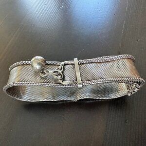 ✨ Vintage Wide Silver Mesh Bracelet with Ornate Slide Clasp & Ball Charm ✨